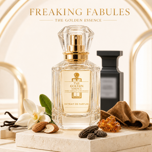 Freaking Fabules – Golden Essence Flakon im Vordergrund, authentischer Inspirationsflakon unscharf dahinter