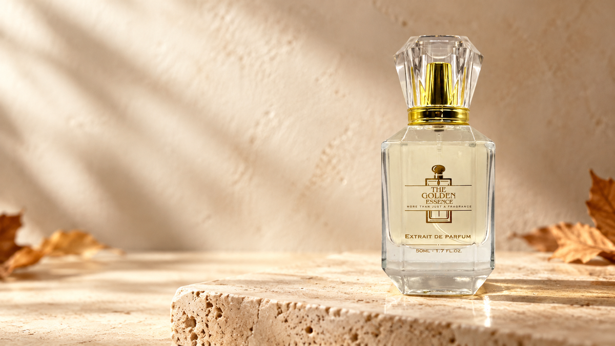 The Golden Essence Diamantflakon in einer herbstlichen Studio-Szene