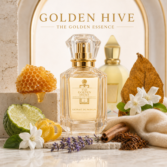 Golden Hive – Golden Essence im Vordergrund, authentischer Naxos-Inspirationsflakon unscharf dahinter