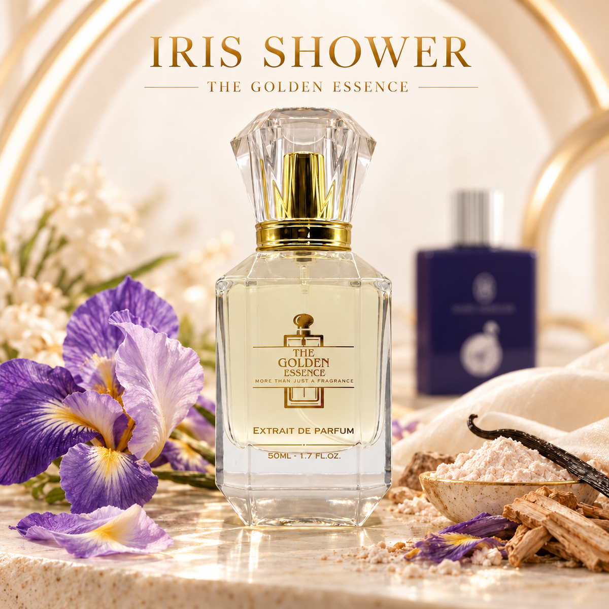 Iris Shower – Golden Essence mit korrigiertem Purple-Flamingo-Hintergrundflakon
