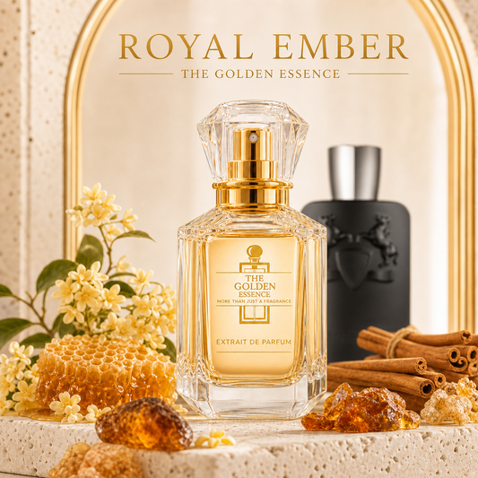 Royal Ember – Golden Essence im Vordergrund, authentischer Oajan-Inspirationsflakon unscharf dahinter
