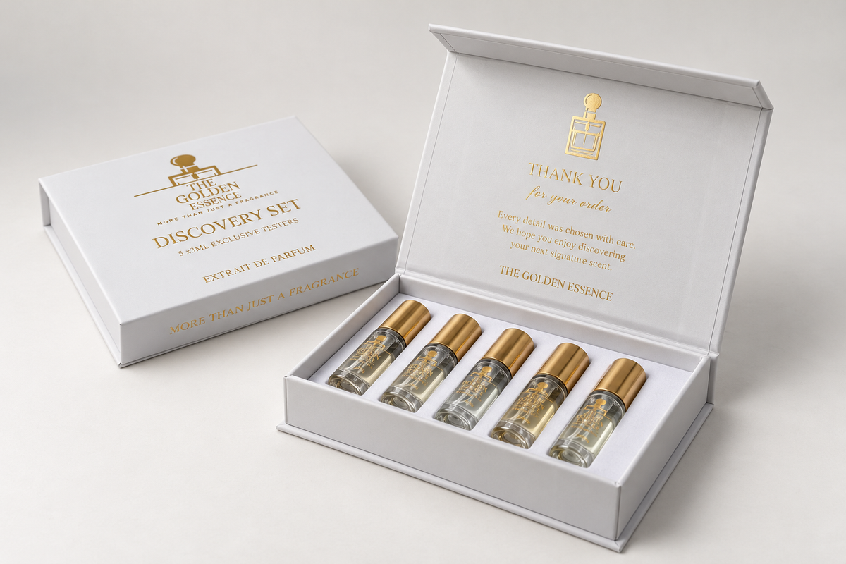 Weiß-goldenes Discovery Set mit fünf Duftproben