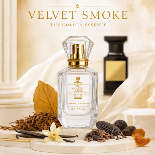 Velvet Smoke – Golden Essence im Vordergrund, authentischer Tobacco-Vanille-Inspirationsflakon unscharf dahinter